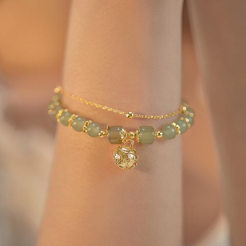 High-End Natural Hetian Jade Wind Chime Bracelet for Women - Lucky Bead Palace Bell Design