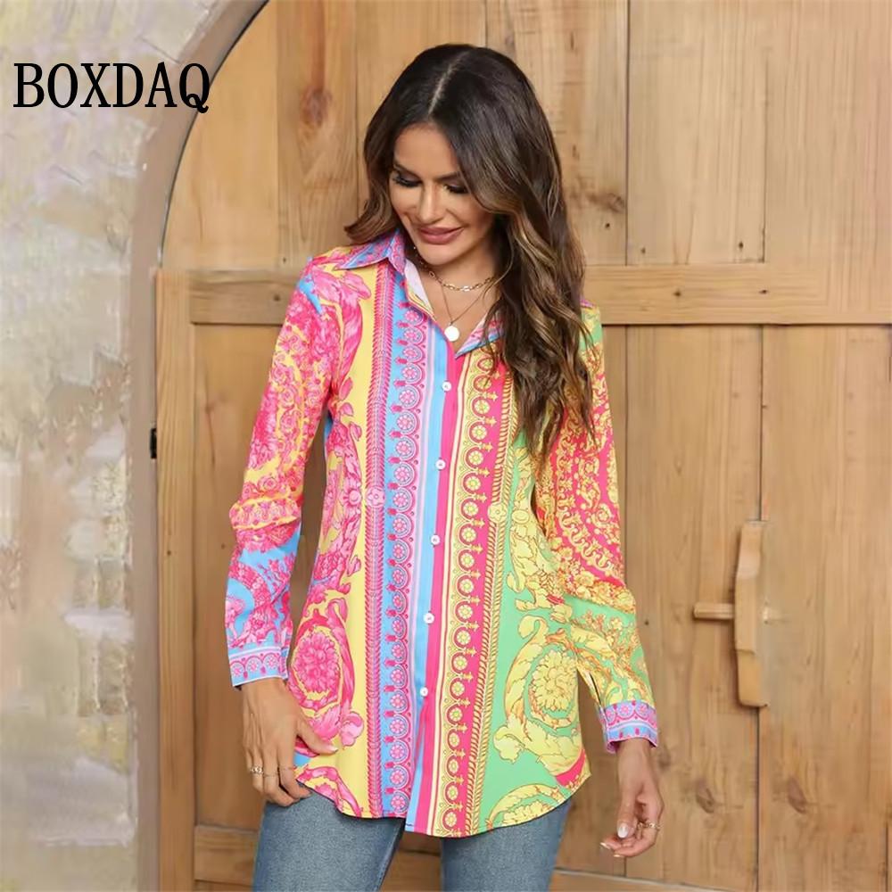 Элегантная женская рубашка Модный colour blocking 3D-печать Воротник на пуговицах Осенние блузки Повседневный женский топ с длинным рукавом
