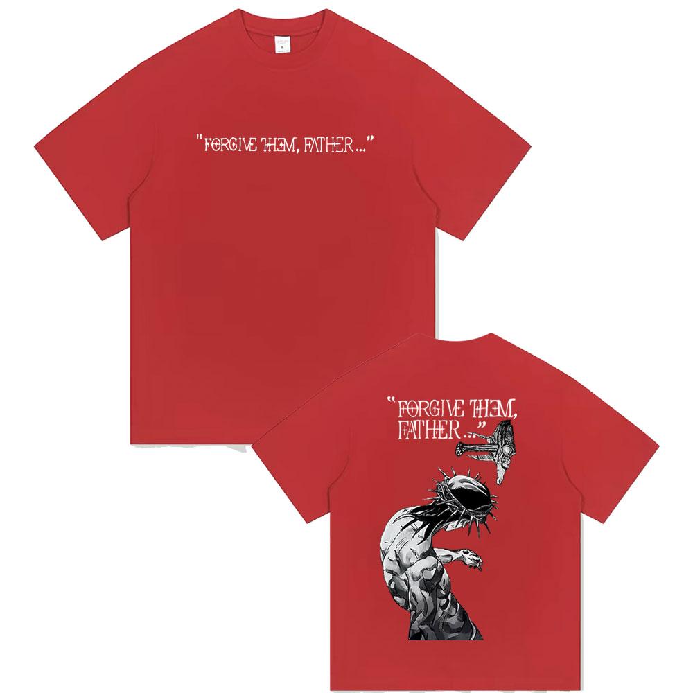 2025 Summer Christian Religious Jesus Forgive Them Father 100% Pure Cotton Printed Gothic Rock Oversized Male Breathable Tshirt
