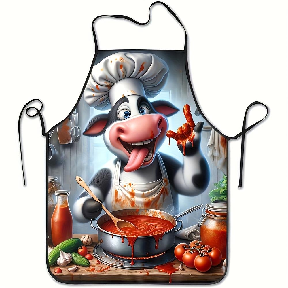 1pc, Cartoon Cow Chef-themed Printed Apron, a Durable, Comfortable, Fun, and Practical Cooking Apron Suitable for Baking, Grilling, Manicures, Gardeni