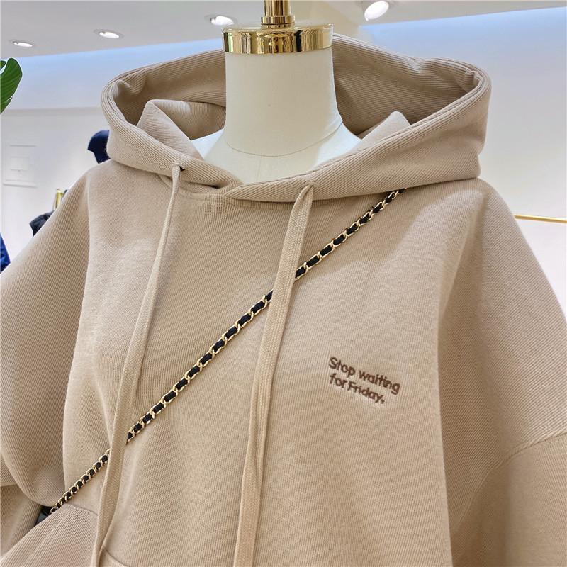 Autumn and Winter Women's Solid Hoodies Sweatshirts Loose Long Sleeve Tops Casual Sporty Thick Warm Ladies Pockets Hooded Pullover Sweatshirt