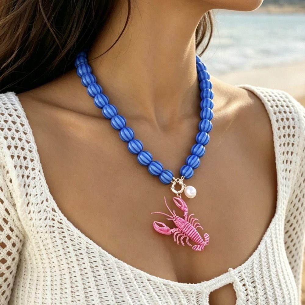 Cute Enamel Crab Pendant Necklace Polka Dot Beads Necklace Simple Bohemian Collarbone Chain Women