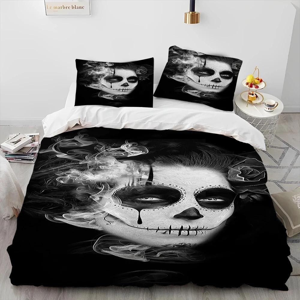 3D Horror Gothic Female Skull Dead Girl Comforter Bedding Set,Duvet Cover Bed Set Quilt Cover Pillowcase,Queen Size Bedding Set
