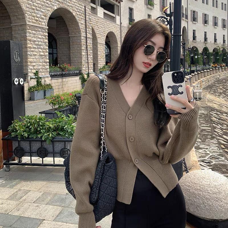 V-neck Sweater Cardigan Outerwear Women Short Spring High-end Waistband Chic Top V Neck Long Sleeve Knitted Cardigan Female