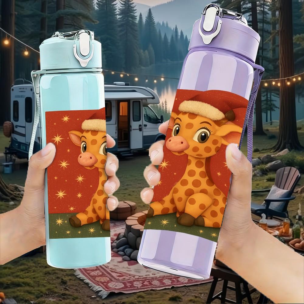 1PC Christmas Giraffe Cartoon 750ml Color Plastic Sports Water Bottle Leakproof Flip Straw Lid Suitable for Sports Office Home Use