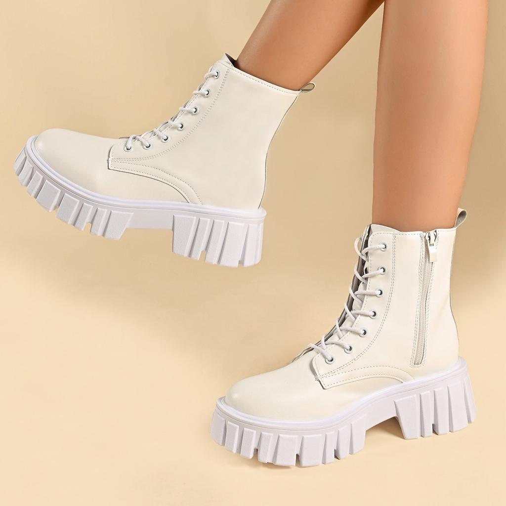 Fashion Chunky Platform White Ankle Boots Women Autumn Winter Pu Leather Booties Mujer Punk Thick Bottom Motorcycle Boots Size 35-43