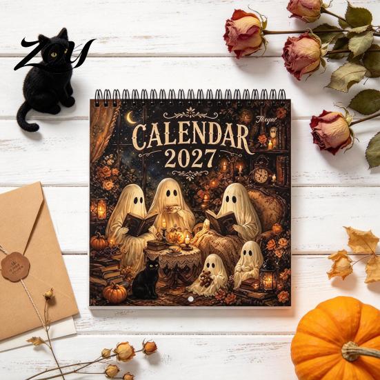 Personalized Holiday Gift Ghost Wall Calendar 2027, Retro Illustration Monthly Planner with Sturdy Coil Artistic Binding And Thick Matte Paper