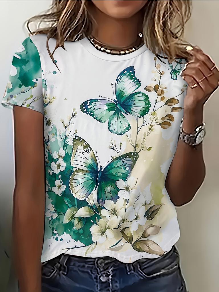 Женская футболка Летняя Повседневная Круглый вырез Короткий рукав 3D принт Цветочный узор Топ Свободная Повседневная одежда Женская футболка