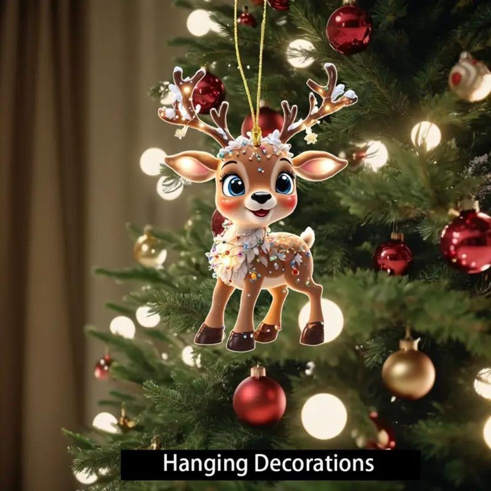 Christmas Reindeer Decorations 2D Flat Acrylic Cute Elk Christmas Tree Pendant Car Rearview Mirror Hanging Xmas Tree Home Decor