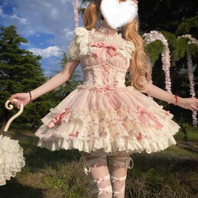 Японское милое платье в сеточку Лолита Jsk для женщин Kawaii кружевные оборки с бантом платья для чаепития Harajuku милая розовая принцесса мини-торт