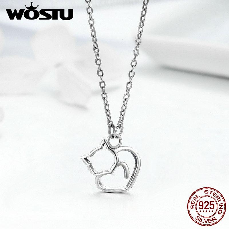 WOSTU Hot Fashion 100% 925 Sterling Silver Lovely Cat Exquisite Women Pendant Necklace
