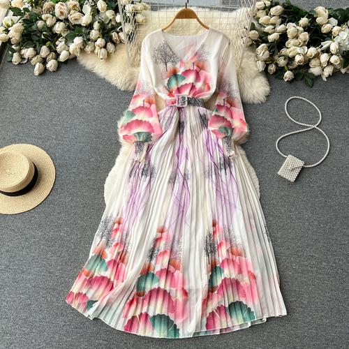 French Chic Dress for Women V-neck Plant Printed Lantern Sleeve Pleated Long Dresses Autumn Dress Female A-line