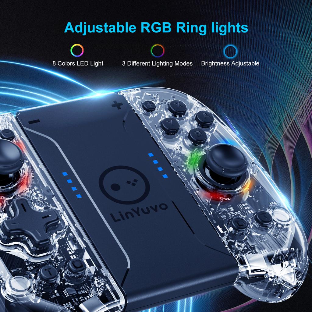 LinYuvo 8 LED Color Replacement Joypad Wireless Controller for Switch&OLED,with Turbo/Vibration/6-Axis Gyro/Wake-up Function
