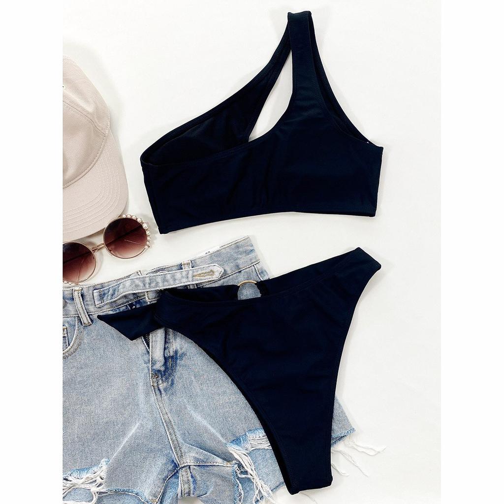 Women Swimsuit Female Bikini High Waisted Swimwear Black One Shoulder Bikini Set Swimming Suit Bathing Suits Beachwear EMA