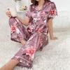 Luxurious Satin Pajamas for Women Flower Print Sleepwear   Autumn Short Sleeve Lapel Collar Top Pants Pyjama Home Clothes