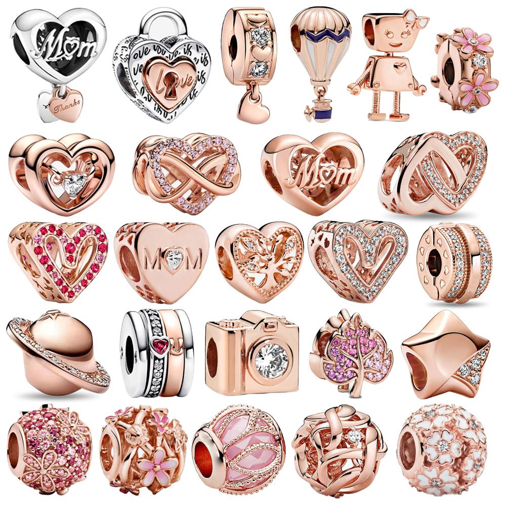 Classic 925 Silver Rose Gold Heart&Ball&Lucky Bead Charm Fit Bracelet DIY Jewelry