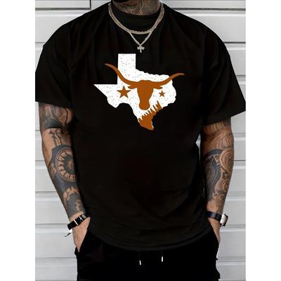 Европейские размеры Черная футболка в техасском стиле с белым быком Longhorn и коричневым контуром штата, Повседневная футболка с круглым вырезом, Подходит для вечеринок