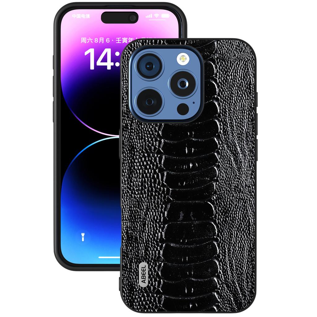 ABEEL For iPhone 16 Pro Case Crocodile Texture Genuine Cow Leather+TPU+PC Phone Cover