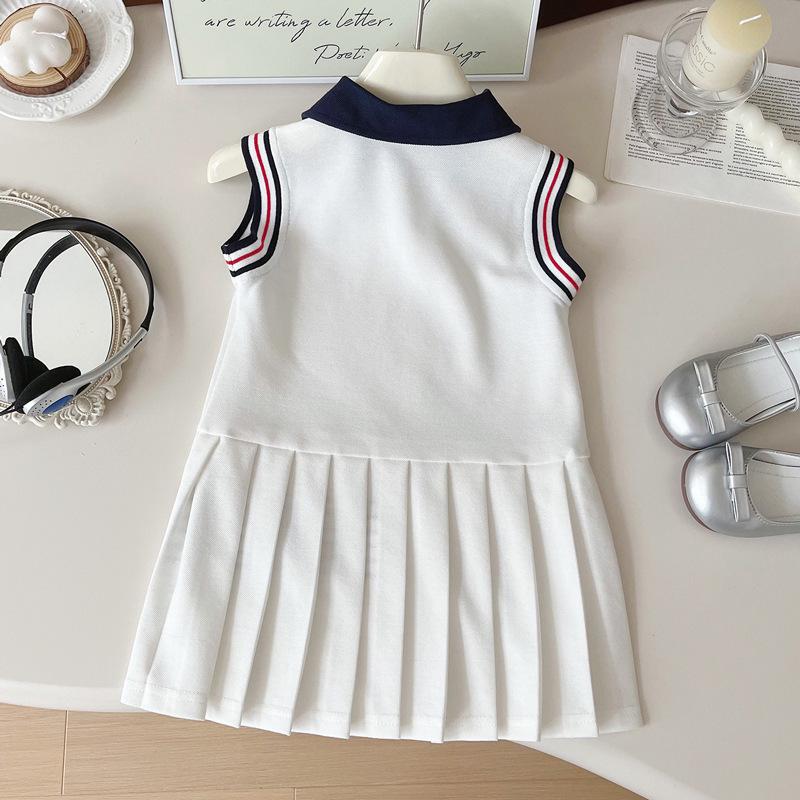Летнее платье без рукавов для девочек 2025: Воротник ПОЛО, Стиль колледжа, Плиссированная юбка-жилет