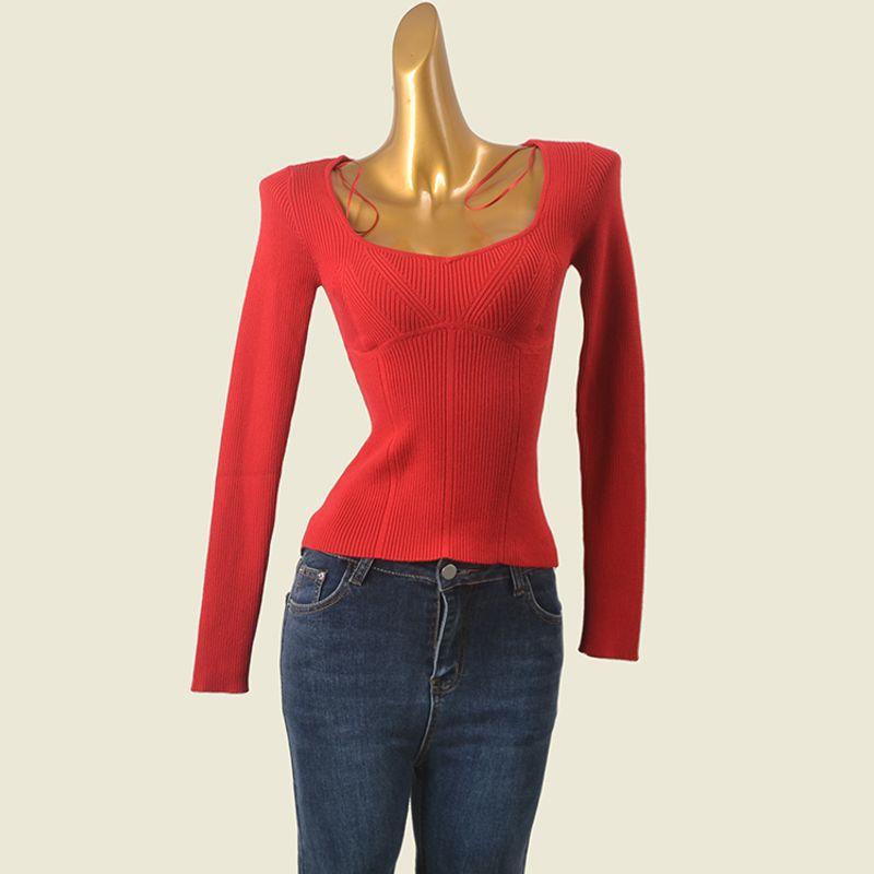 Water Drop Collar Threaded Undershirt Fashion Wind Slim Looking Long Sleeve Inner Wear Sexy Top Foreign Trade Original Order Knitwear