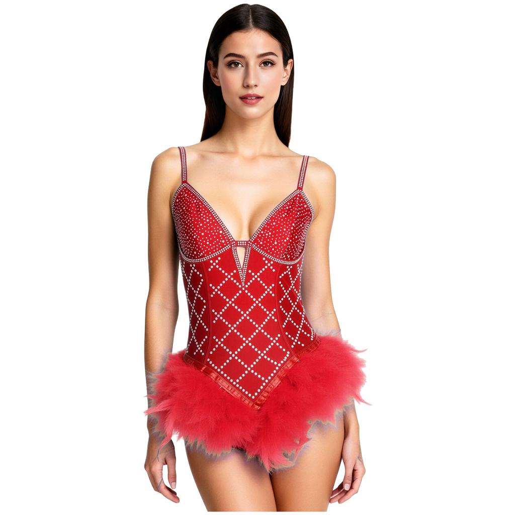 Womens Shiny Rhinestone Feather Leotard Deep V Neck Adjustable Spaghetti Straps Strappy Back Bodysuit