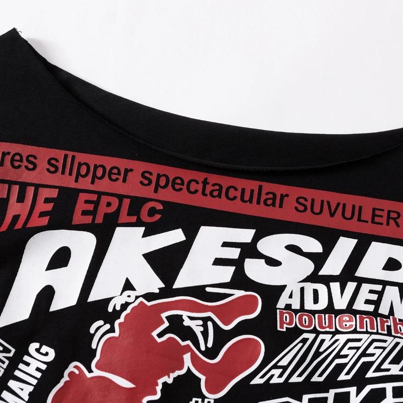 Y2k черные укороченные футболки с открытыми плечами, женские винтажные футболки с графикой в американском стиле, уличная одежда, гранж-эстетические топы с короткими рукавами