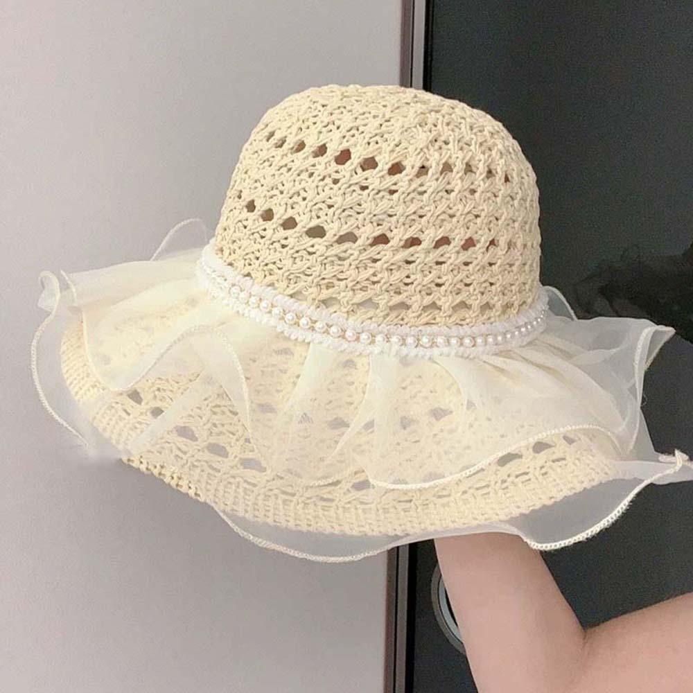 Breathable Lace Pearls Sun Cap Portable Big Brimmed Woven Cap Sweet Straw Weaving Beach Hat  Spring