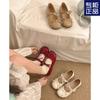 Red Retro Round Head Flat Bottom Small Leather Shoes Women's New Summer with Skirt Bow French Mary Jane Shoes