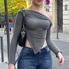 Women Knitting Tops Sexy Sloped Shoulder Collar Irregular Hem Pullover Tops Solid Color Ribbed Blouse