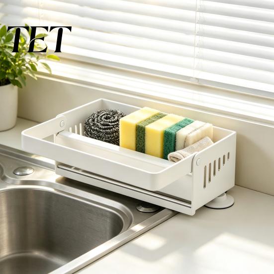 Rust Resistant Sink Rack Storage with Foldable Towel Rack, Durable Carbon Steel Tray, Suction Space Saving Countertop Organizer Cup Fixation