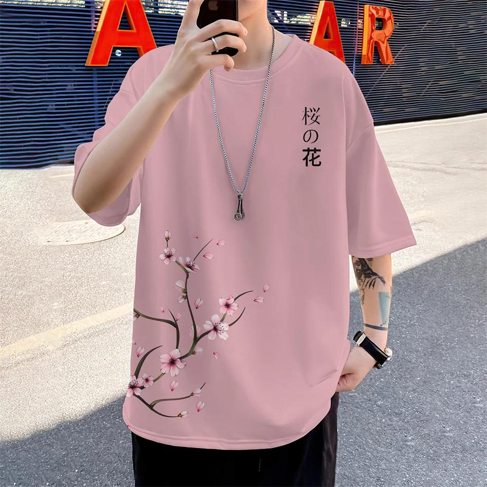 Summer New Men's T-shirt, 3D Printed Loose Cherry Blossom Pattern Casual Daily Oversized Men's Short Sleeved Minimalist Top