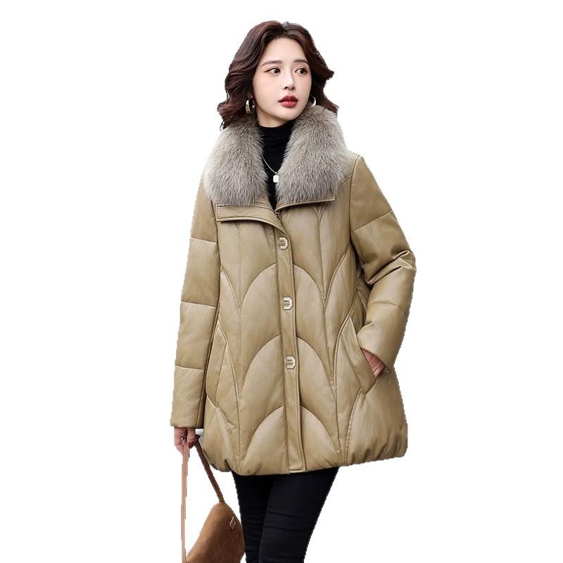Down jacket women's coat medium and long fox fur collar hat white duck down leather jacket middle-aged