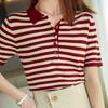 IHUASU Женская полосатая хлопковая футболка с воротником-поло, женский свитер из хлопка и льна с коротким рукавом и трикотажным низом