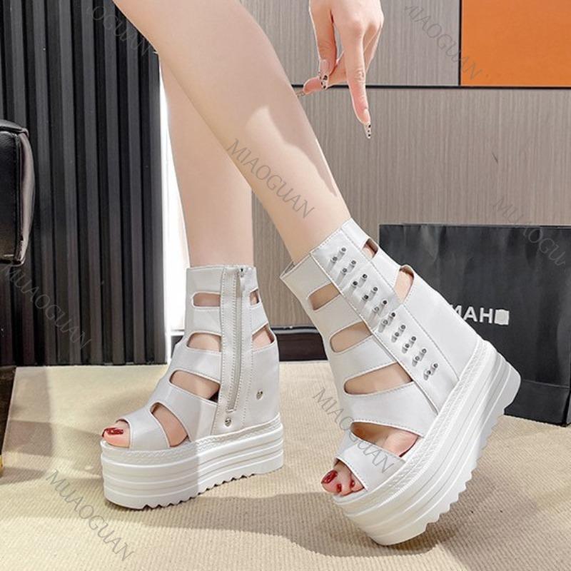 Fashion Fashion Women's Roman Sandals Summer Ultra High Heel Wedge Platform Shoes Side Zip Open Toes Solid Color Sexy Sandalias De Mujer