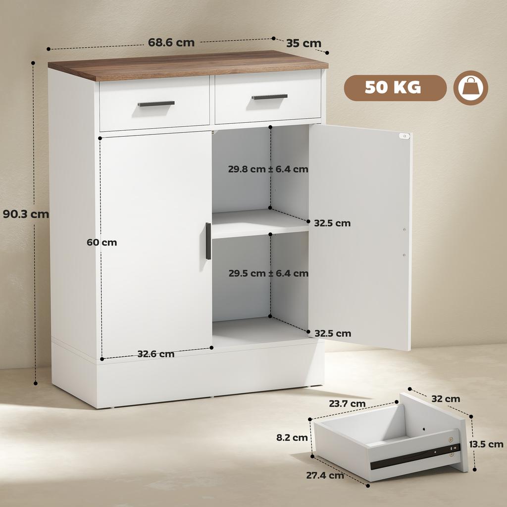 Modern Sideboard with 2 Drawers and 2-Door Cabinet, Adjustable Internal Shelf, White and Wood