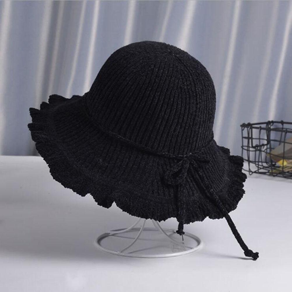 Lady Autumn Winter Chenille Fisherman Hat Solid Color Bowknot Wild Pleated Sunshade Retro Hat
