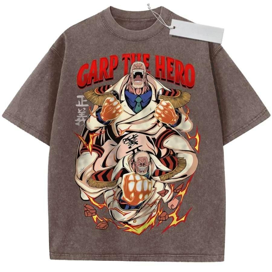 Unisex Black Washed Vintage T Shirt One Piece Garp The Hero Justice Flame Style High Quality Fabric for Casual Shopping