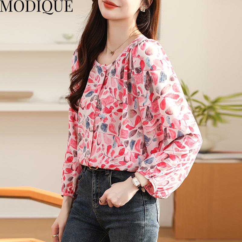 MODIQUE весна лето большие размеры женские свободные повседневные элегантные хлопковые льняные шифоновые блузки с цветочным принтом рубашки женские базовые с круглым вырезом пальто с пышными рукавами