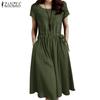 Women O-neck Short Sleeve Dress Summer Casual Elastic Waist Loose Cotton Dress