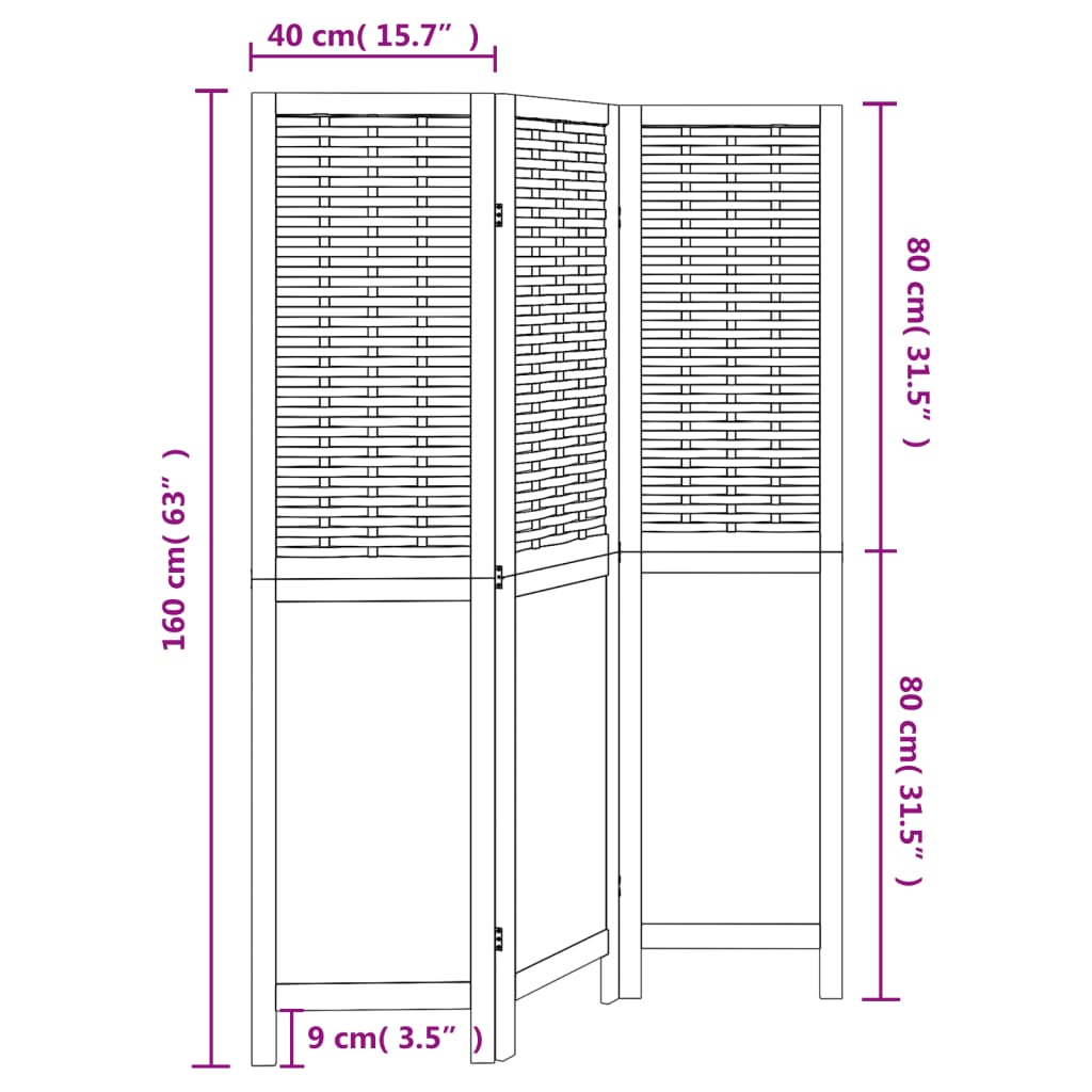 3 Piece Room Divider Dark Brown Solid Paulownia Wood