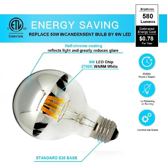 LUXON Half Chrome Light Bulbs,Dimmable,LED Edison Bulbs,Silver Dipped Anti Glare Bulb,Mirror 6W (60W Equivalent) G80/G25 Globe Decorative Light