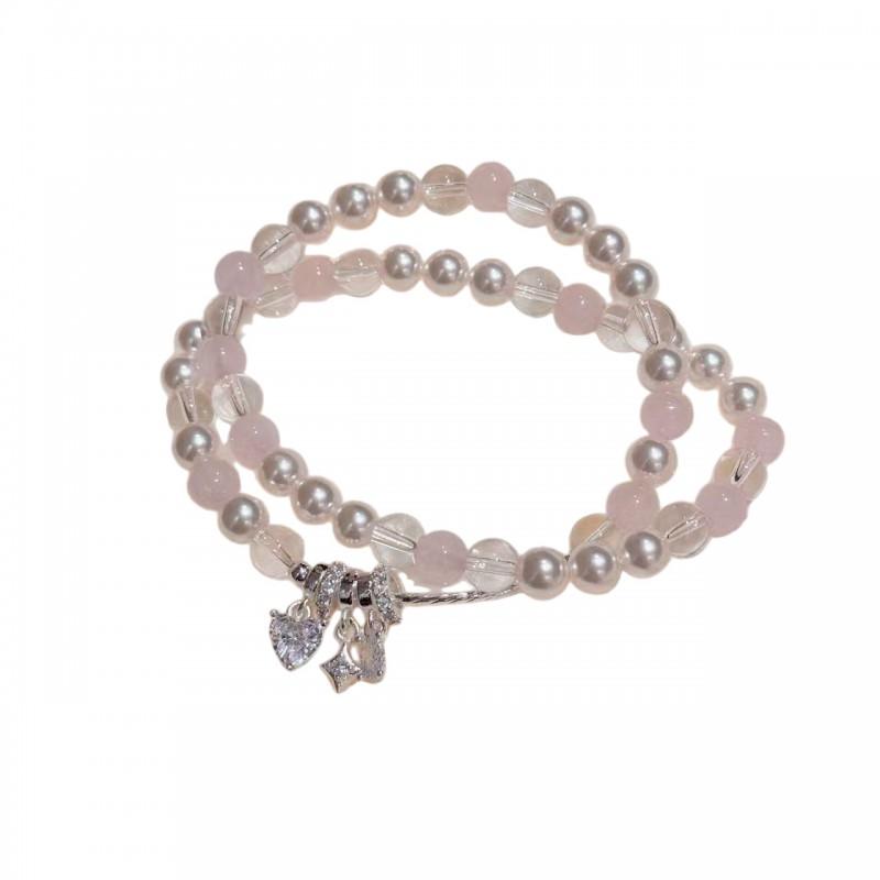 Elegant Pink Crystal Shell Bead Bracelet Women Layering Style Sweet Minimalist Heart Star Charm Copper Jewelry
