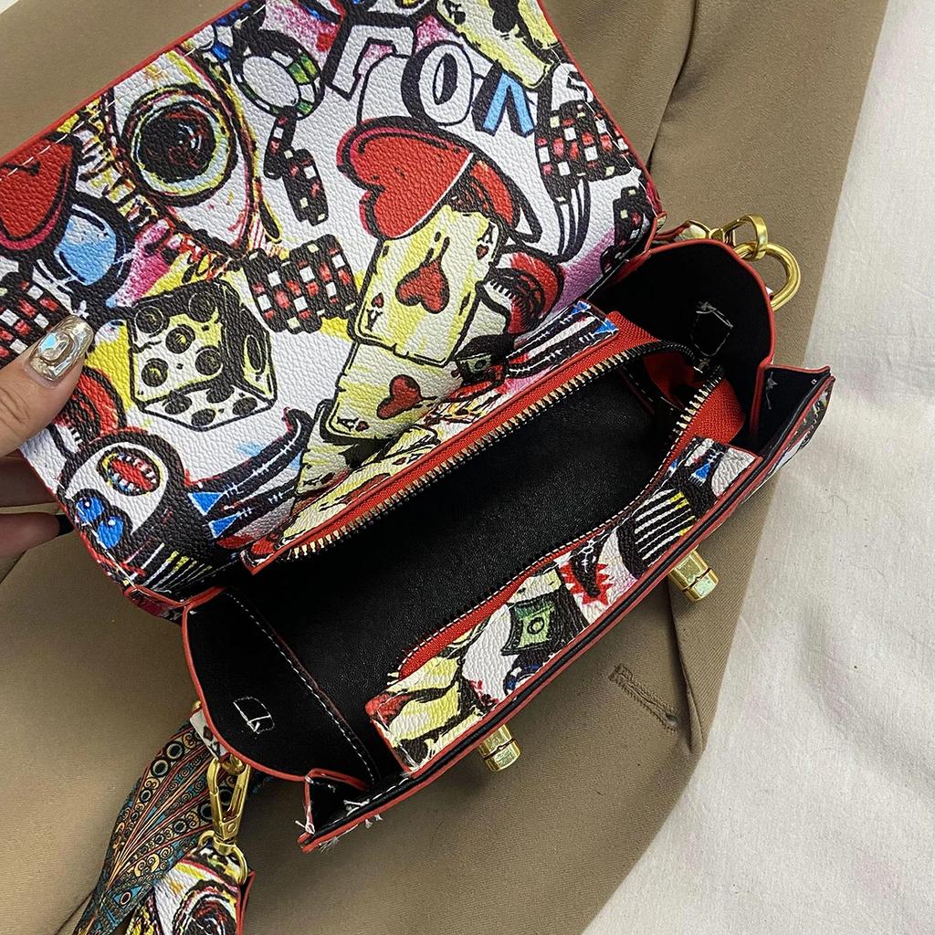 Анимированная сумка с граффити для женщин, широкий ремень, маленькая сумка на плечо, квадратная сумка через плечо для телефона, женская мода, новый дизайнер