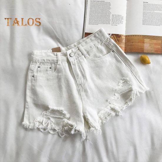 Summer Women Denim Shorts High Waist A-line Solid Color Ripped Button Zipper Closure Retro Pockets Slim Fit Above Knee Length Short Pants