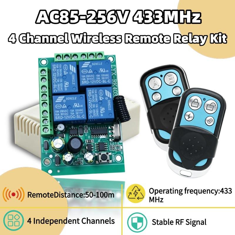 433Mhz Universal Wireless 4-key Remote Control Light Switch AC 85V 110V 220V 4CH RF Relay Receiver for Light/Garage Door/LED DIY 3