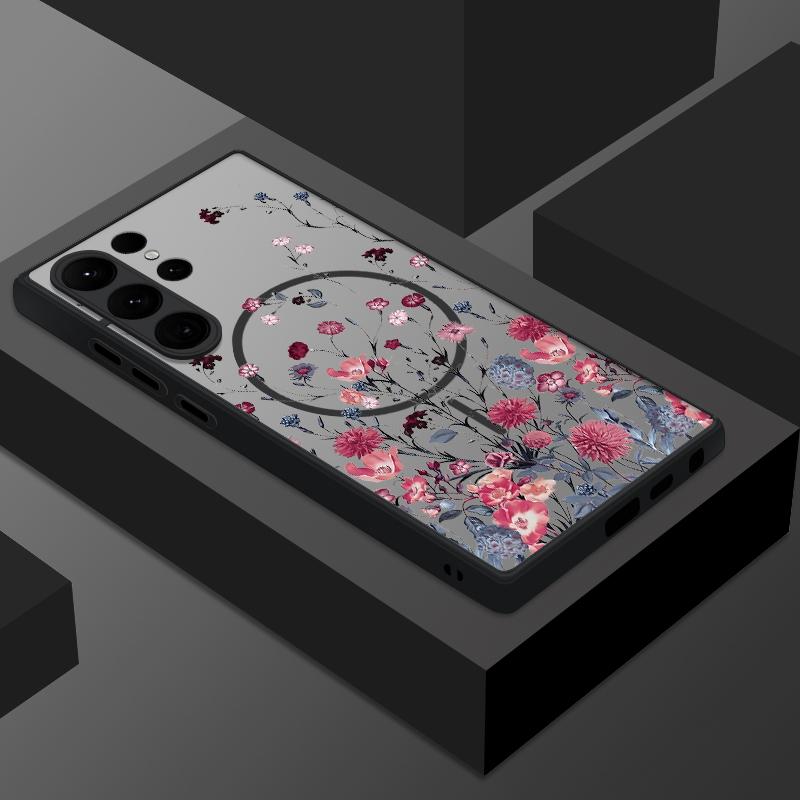 Matte Magnetic Case For Samsung Galaxy S25 S24 S23 Ultra S22 Plus S24 S21 S20 FE For Magsafe Retro Flowers Clear Hard PC Cover