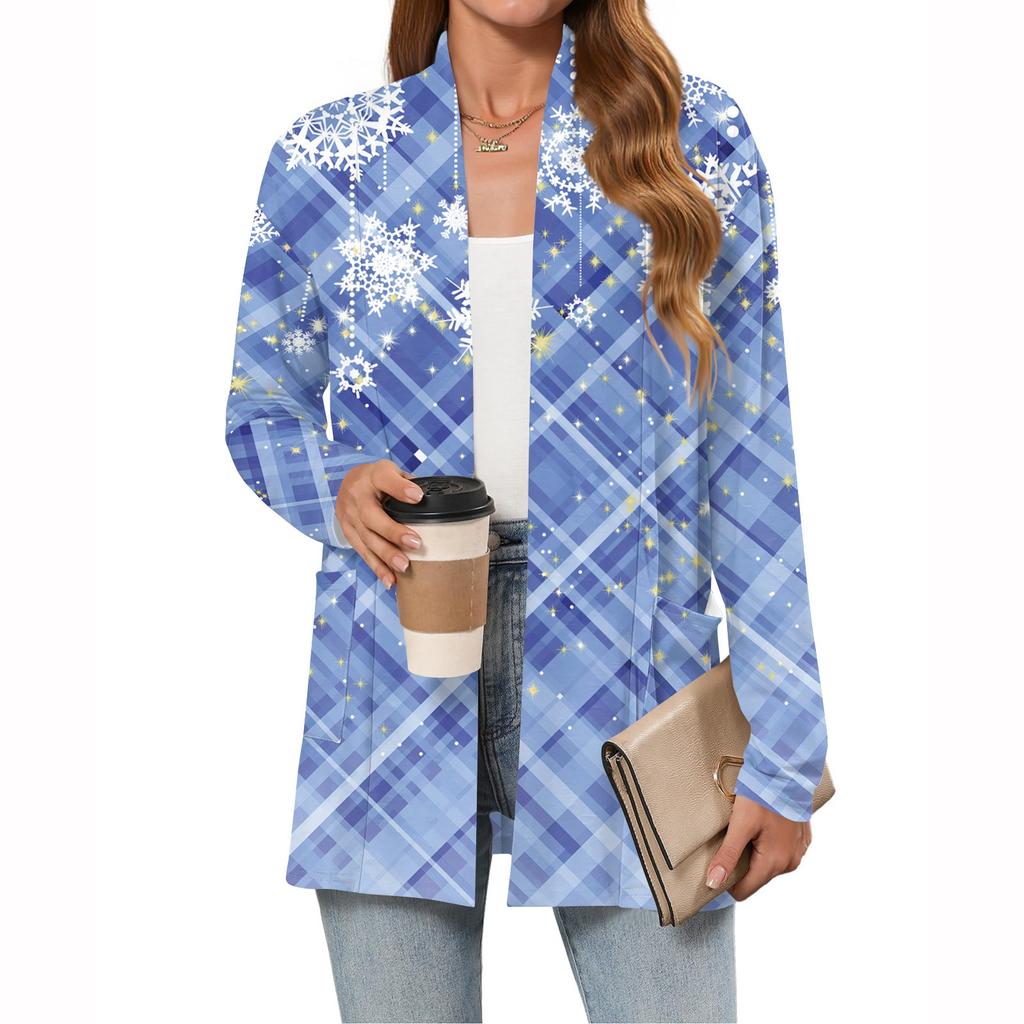 Женский рождественский кардиган с принтом, легкий, с длинными рукавами, повседневный, свободного кроя, тонкий, с карманами, куртка-кардиган