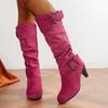 Winter Women's Mid-calf Boots with Buckle Strap and Side Zipper Stylish High Heeled Suedette Long Boots Shoes for Women D154