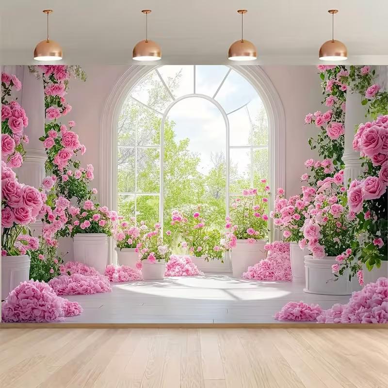2D Elegant Window Floral Backdrop Wedding Photography Background Cloth