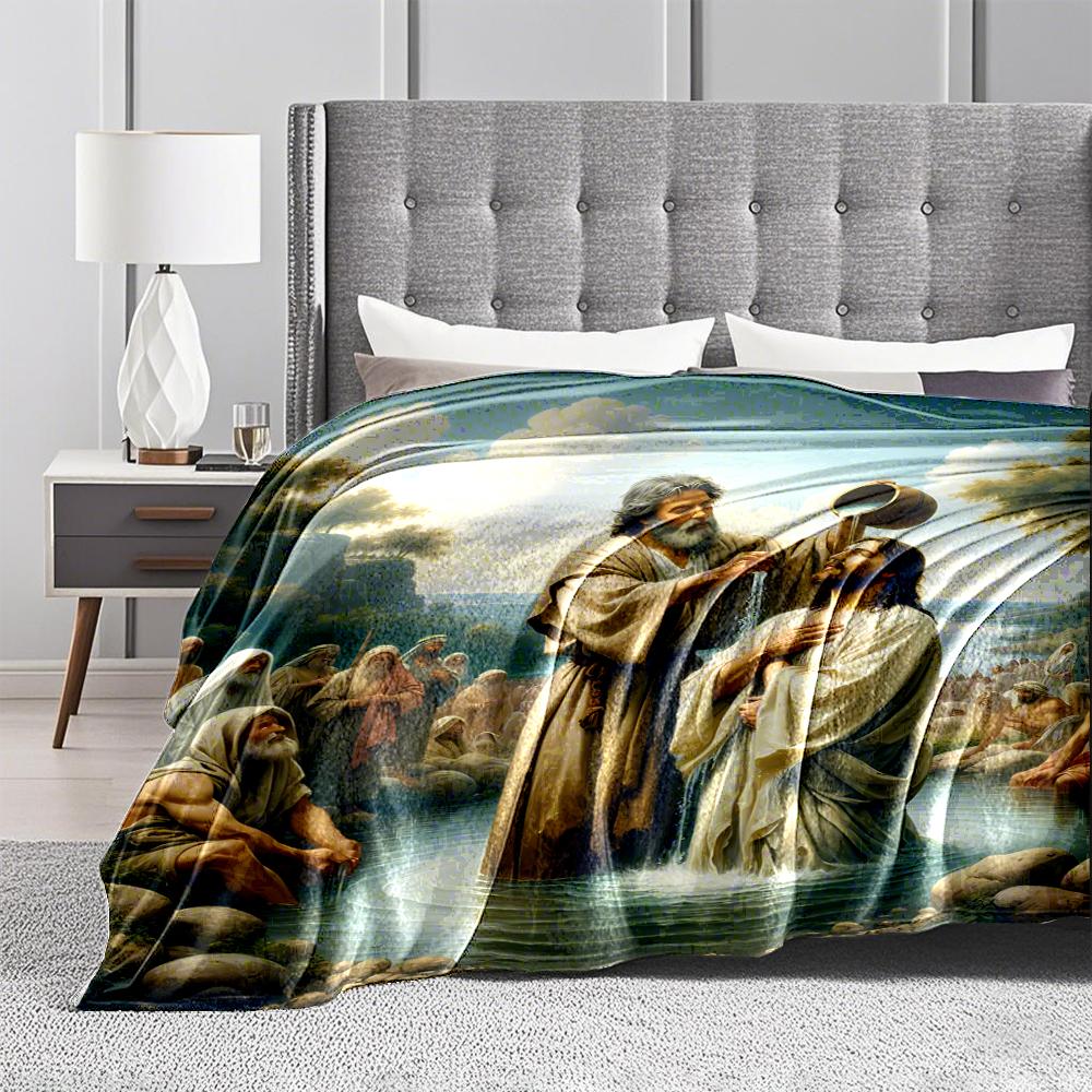Baptism Scene Religious Art Flannel blanket for bedroom, living room, sofa, and nap